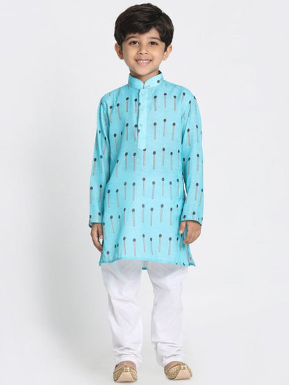 Vastramay Boys' Light Blue Cotton Blend Kurta and Pyjama Set