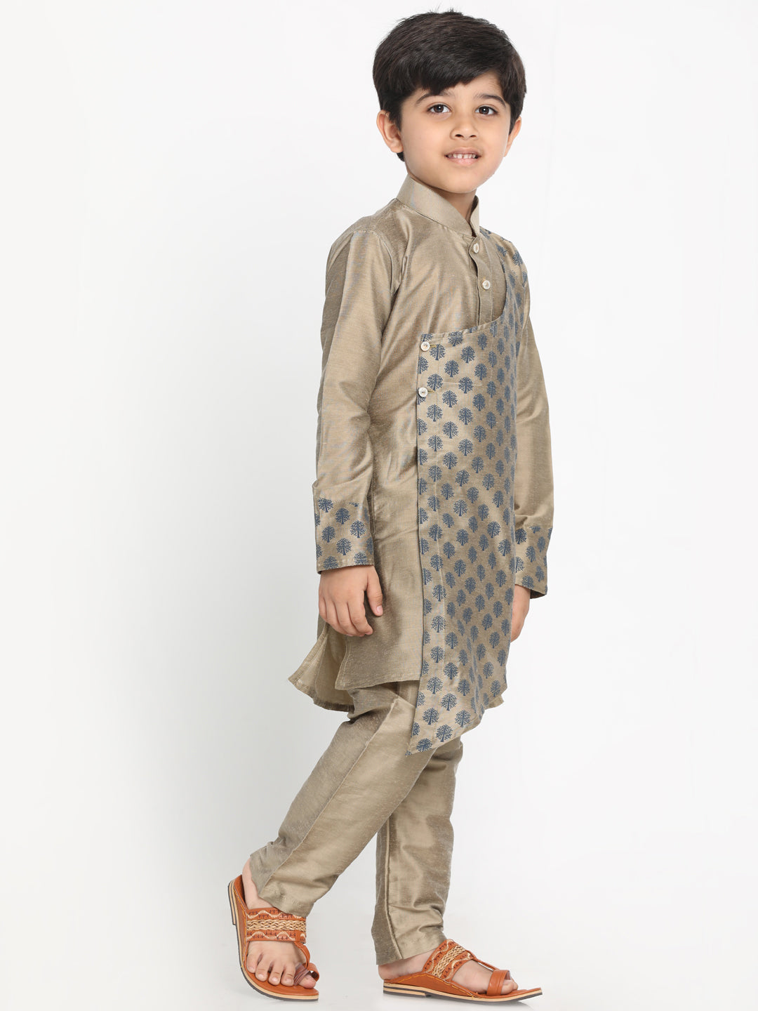 Vastramay Baap Beta Chiku Silk Blend Printed Angrakha Design Kurta Pyjama Set