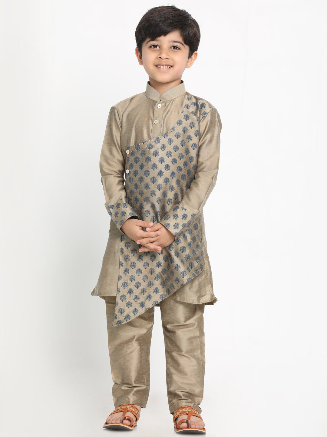 Vastramay Baap Beta Chiku Silk Blend Printed Angrakha Design Kurta Pyjama Set