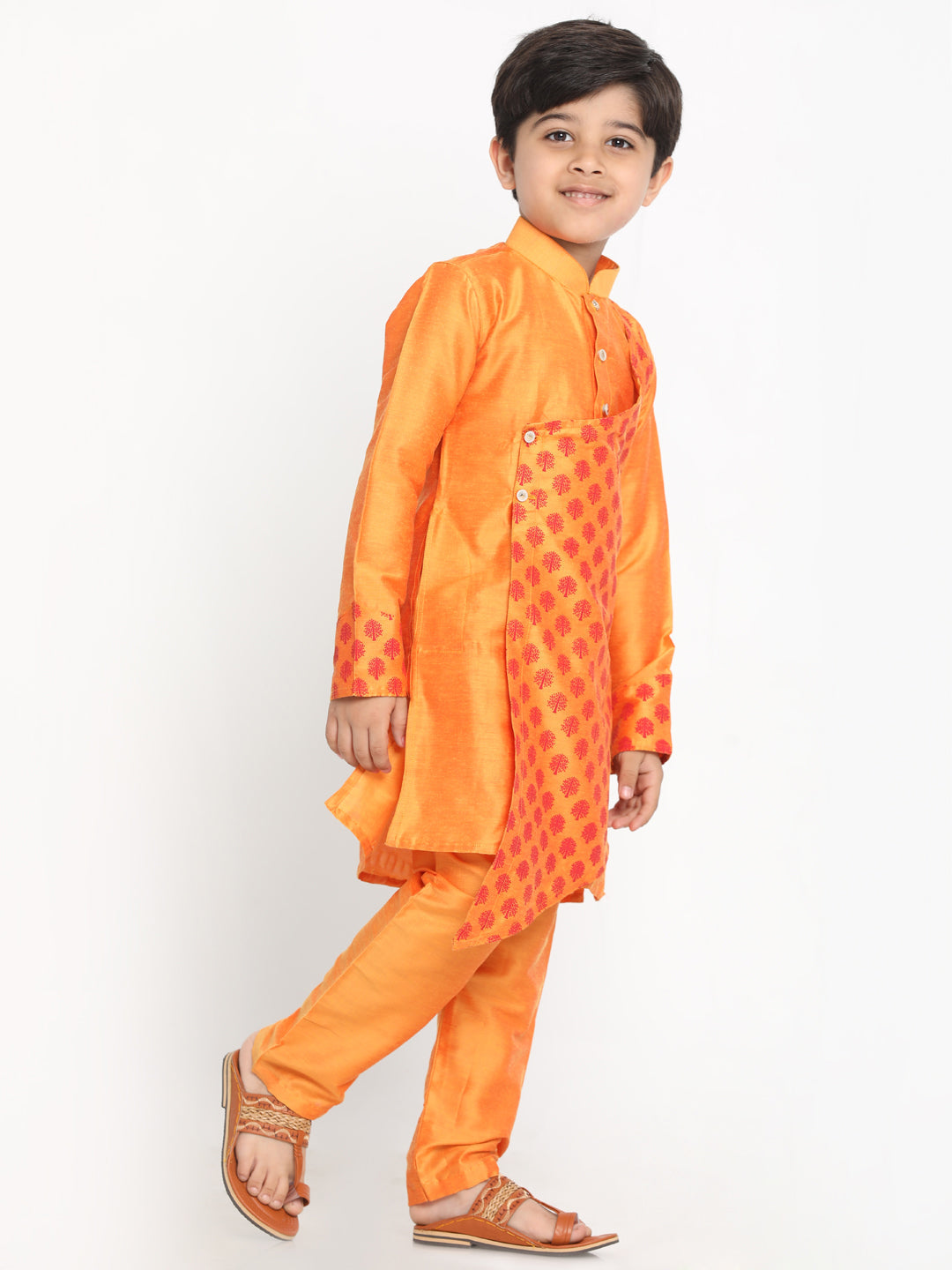 Vastramay Baap Beta Orange Silk Blend Printed Angrakha Design Kurta Pyjama Set