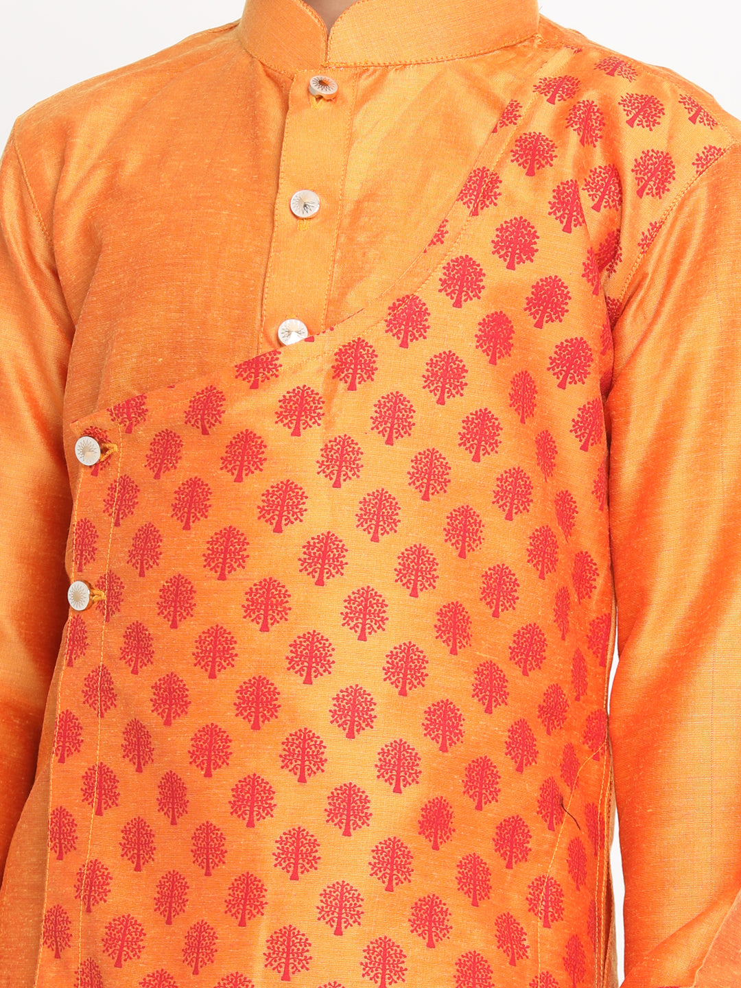 Vastramay Baap Beta Orange Silk Blend Printed Angrakha Design Kurta Pyjama Set