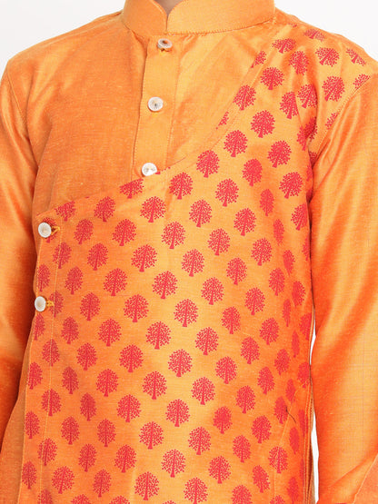 Vastramay Baap Beta Orange Silk Blend Printed Angrakha Design Kurta Pyjama Set