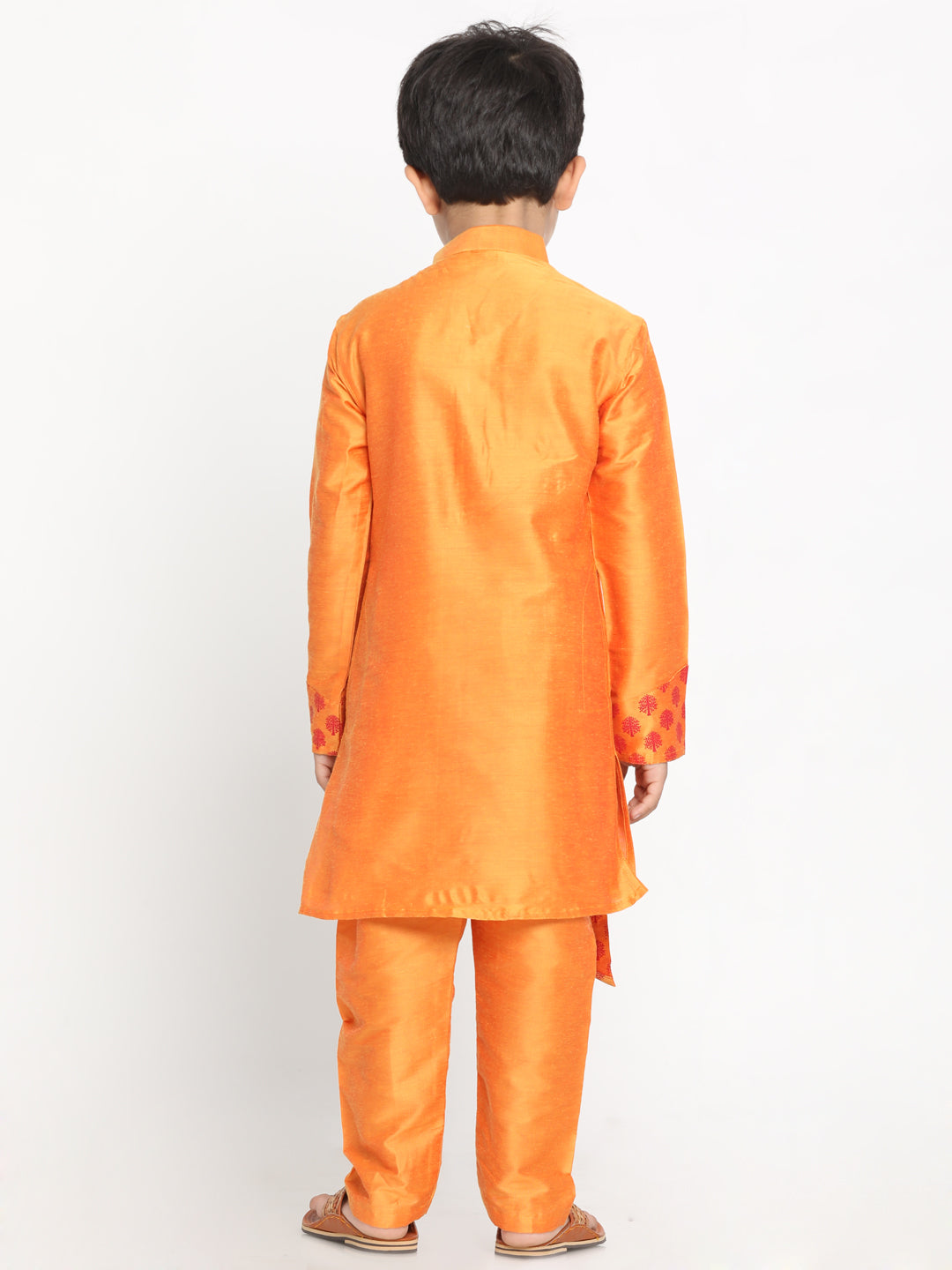 Vastramay Baap Beta Orange Silk Blend Printed Angrakha Design Kurta Pyjama Set