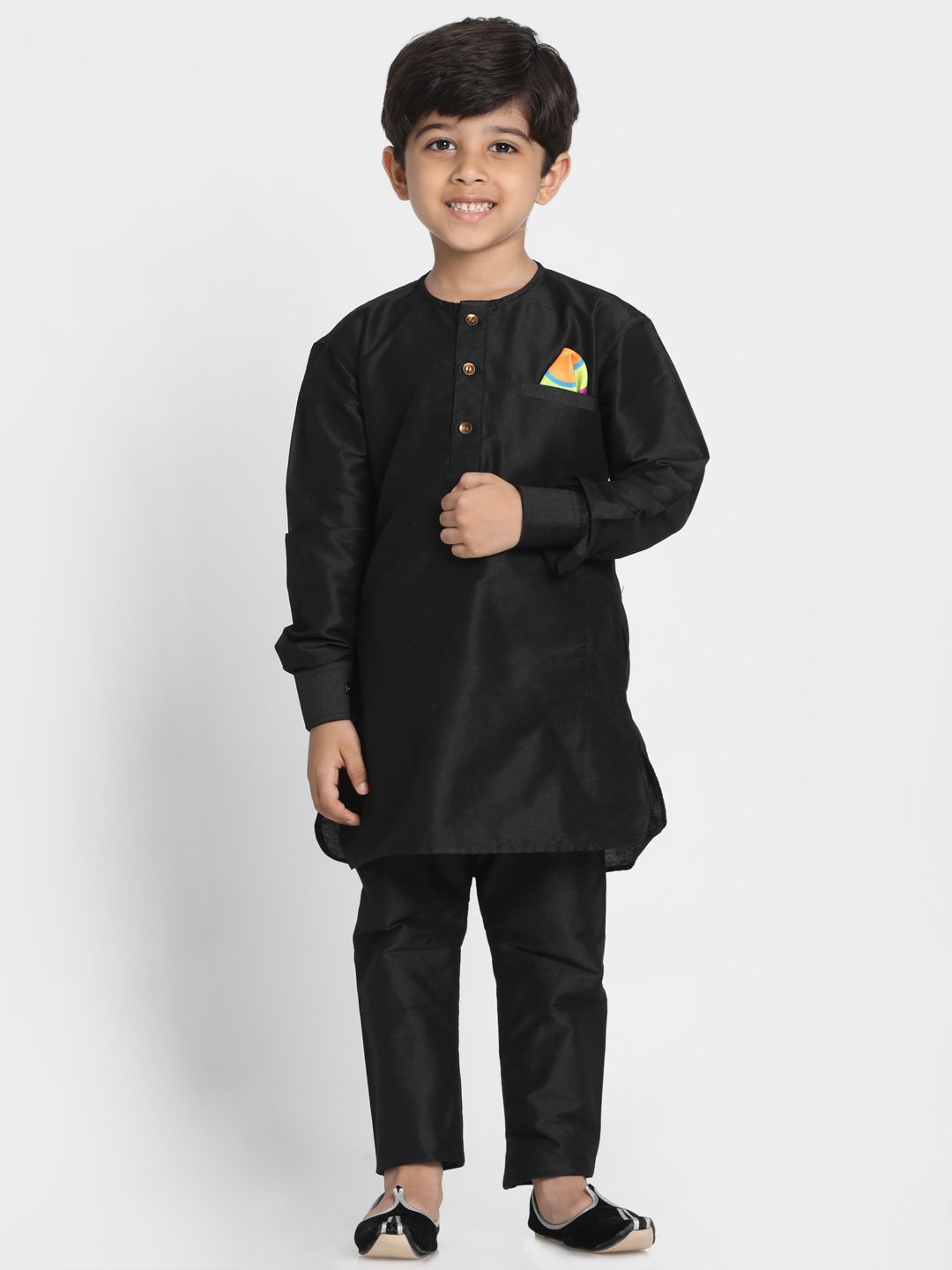 Vastramay Boys' Black Cotton Silk Blend Kurta and Pyjama Set