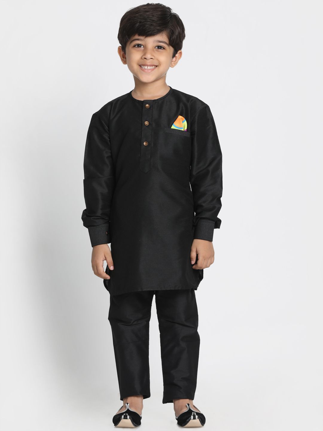 Vastramay Boys' Black Cotton Silk Blend Kurta and Pyjama Set