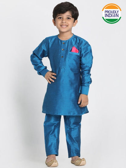 Vastramay Boys' Light Blue Cotton Silk Blend Kurta and Pyjama Set