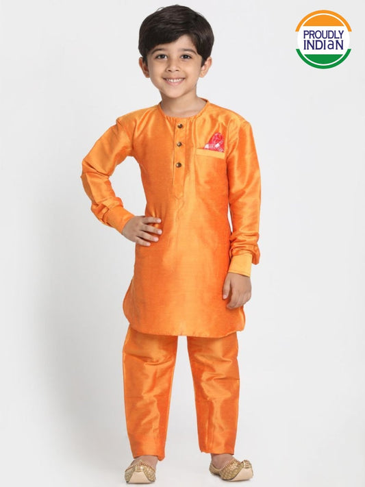 Vastramay Boys' Orange Cotton Silk Blend Kurta and Pyjama Set