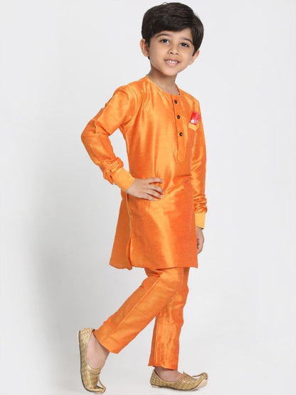 Vastramay Boys' Orange Cotton Silk Blend Kurta and Pyjama Set