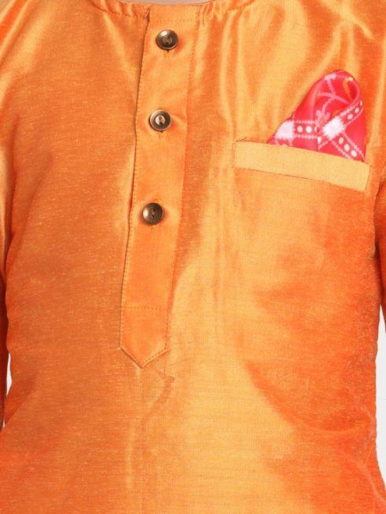 Vastramay Boys' Orange Cotton Silk Blend Kurta and Pyjama Set