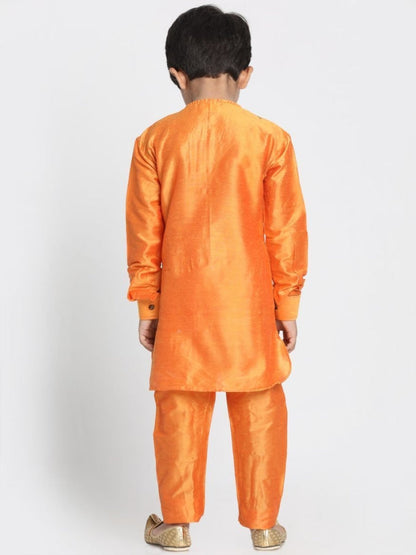 Vastramay Boys' Orange Cotton Silk Blend Kurta and Pyjama Set