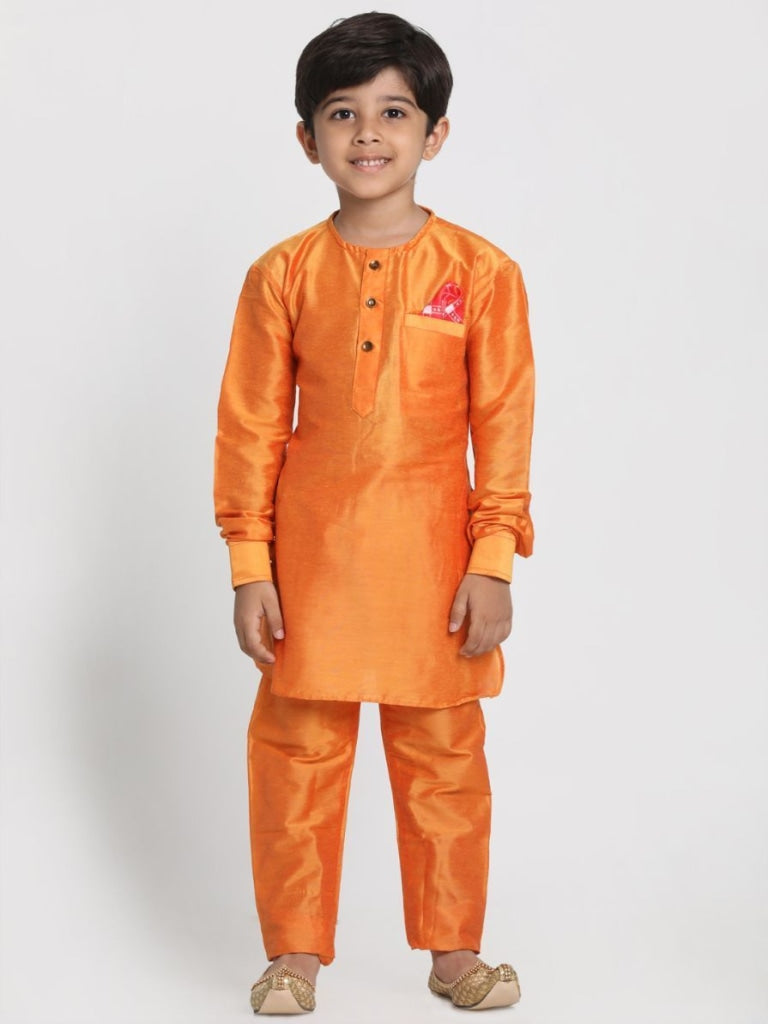 Vastramay Boys' Orange Cotton Silk Blend Kurta and Pyjama Set