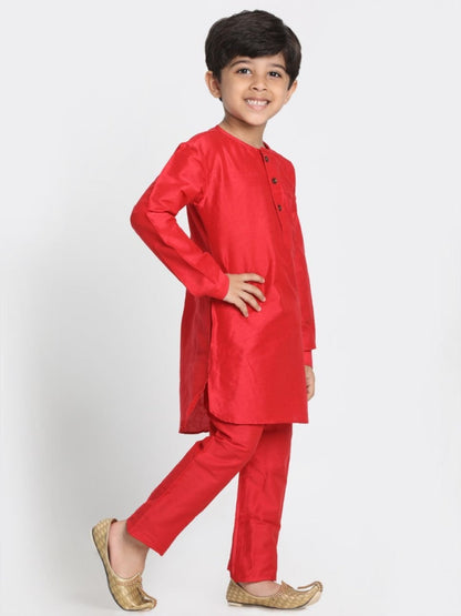 Vastramay Boys' Red Cotton Silk Blend Kurta and Pyjama Set