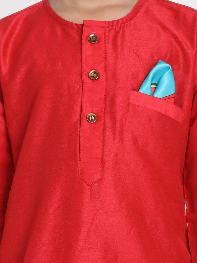 Vastramay Boys' Red Cotton Silk Blend Kurta and Pyjama Set