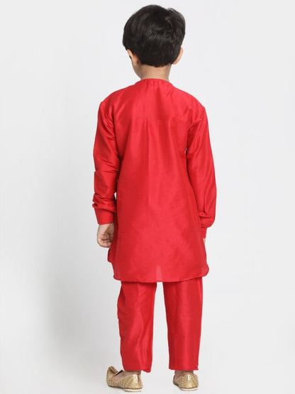 Vastramay Boys' Red Cotton Silk Blend Kurta and Pyjama Set