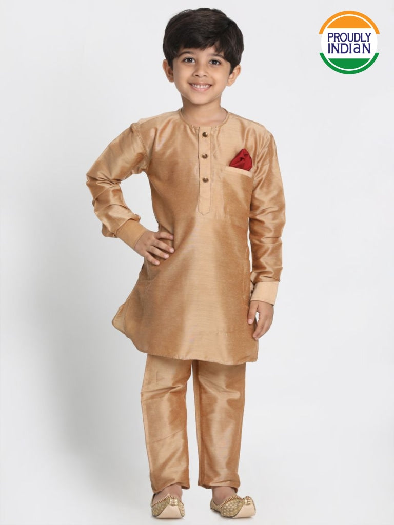 Vastramay Boys' Rose Gold Cotton Blend Kurta Pyjama Set