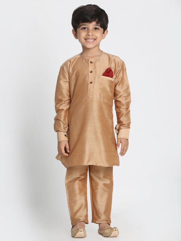 Vastramay Boys' Rose Gold Cotton Blend Kurta Pyjama Set