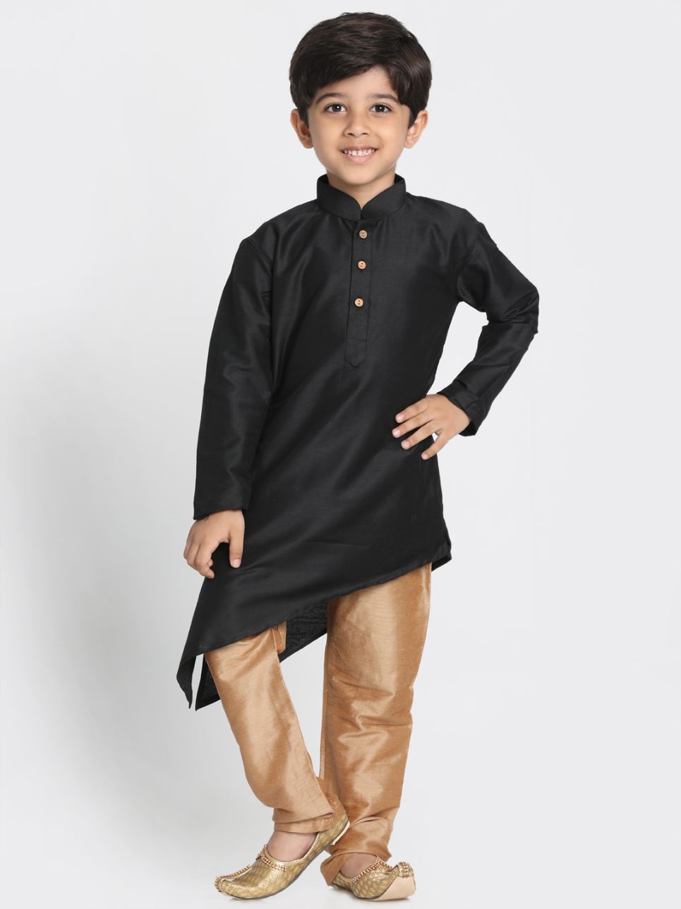 Vastramay Boys' Black Cotton Silk Blend Kurta and Pyjama Set