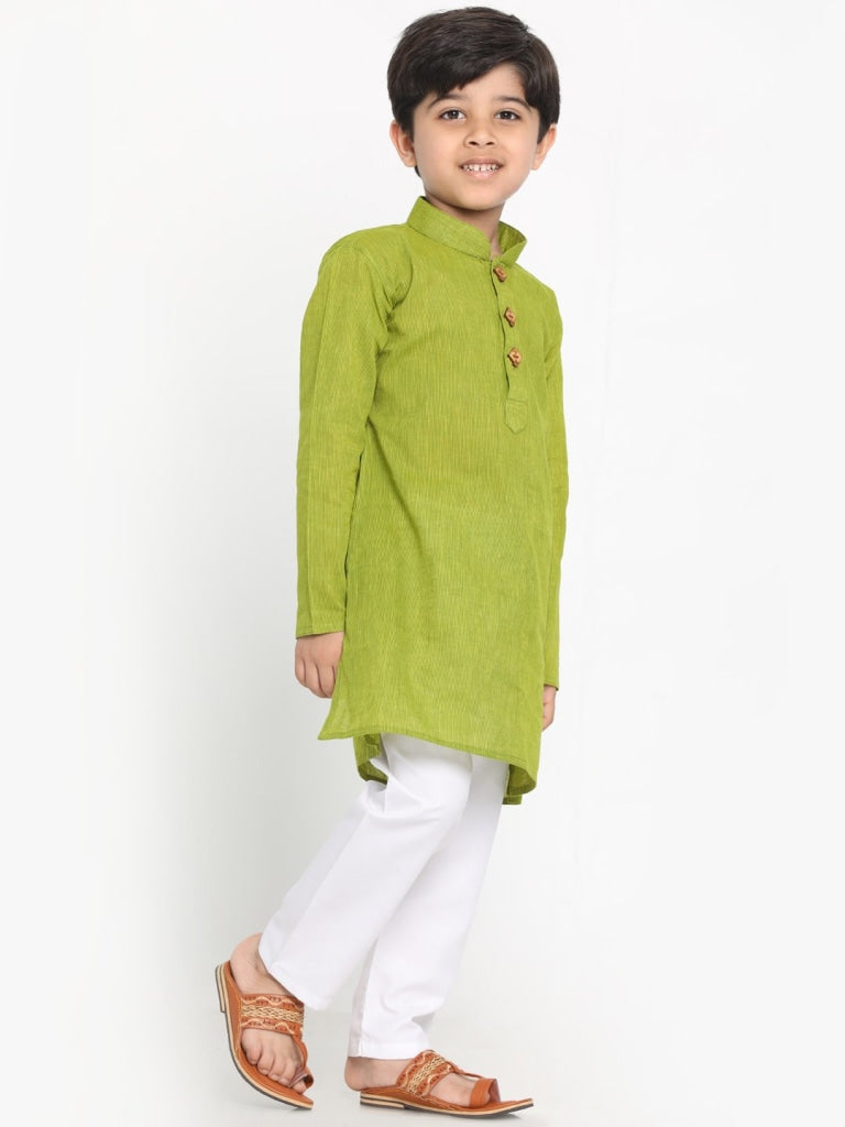 Vastramay Boys' Teal Green and White Handloom Pure Cotton Kurta and Pyjama Set