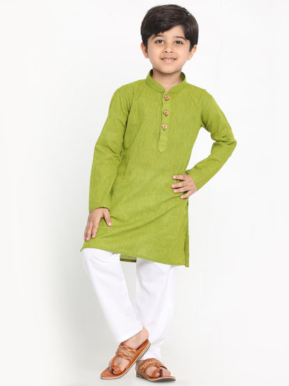 Vastramay Pure Handloom Cotton Green and White Baap Beta Kurta Pyjama set