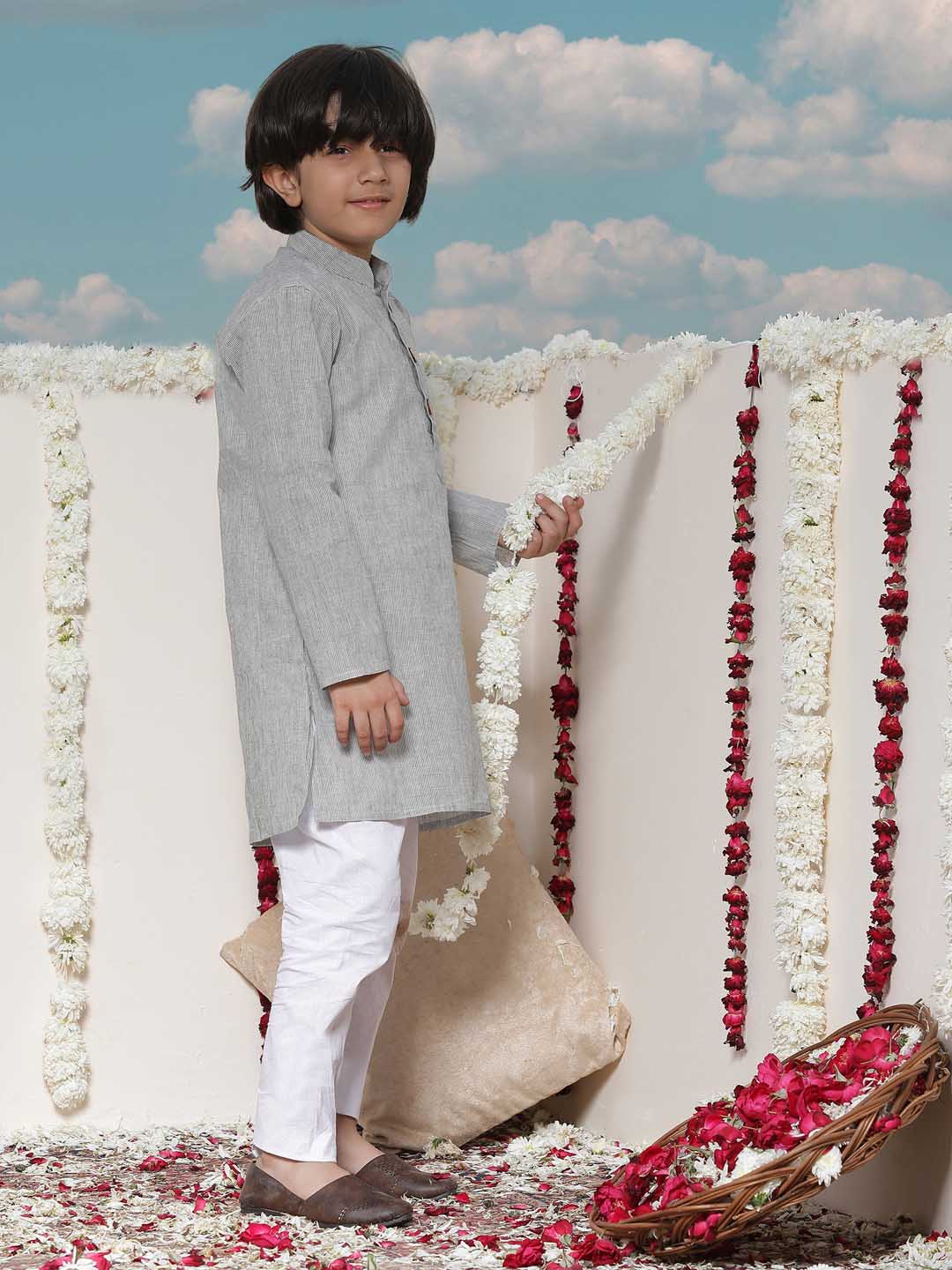 Vastramay Boy's Grey Cotton Kurta and Pyjama Set