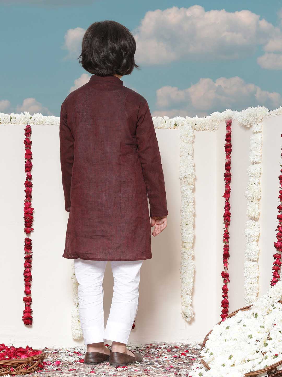 Vastramay Boys Maroon Cotton Kurta and Pyjama Set
