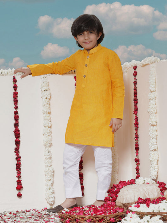 Vastramay Boy's Yellow Cotton Kurta and Pyjama Set