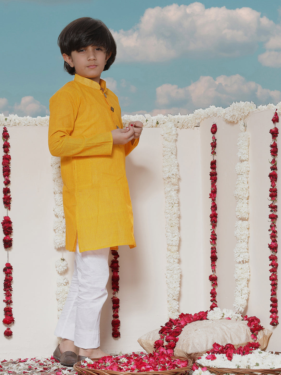 Vastramay Boy's Yellow Cotton Kurta and Pyjama Set
