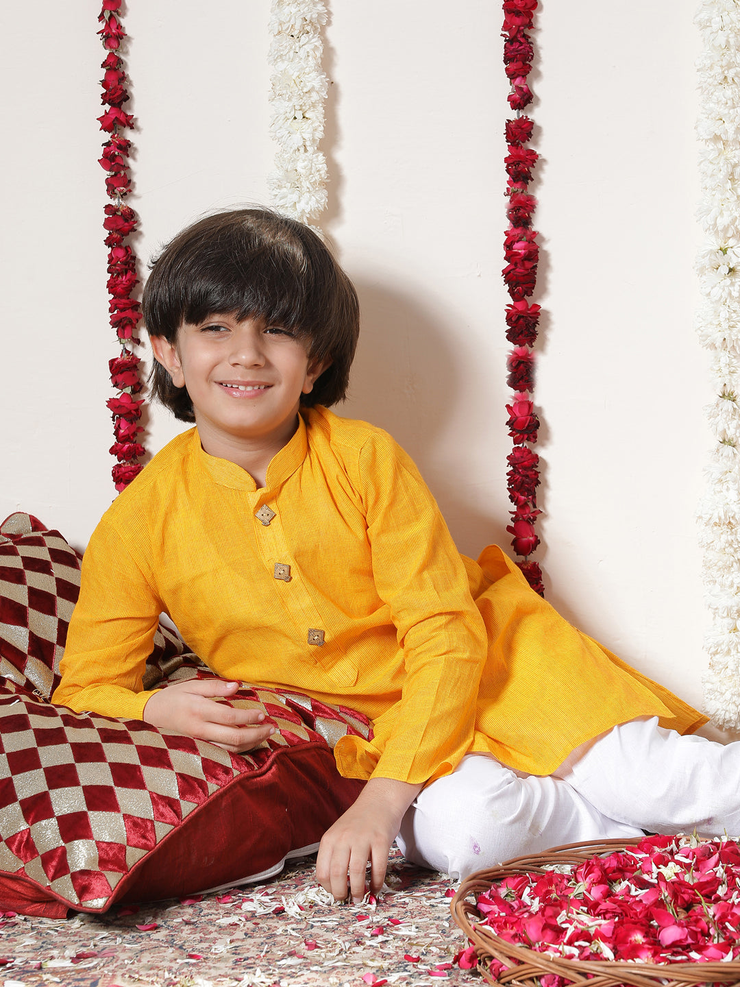 Vastramay Boy's Yellow Cotton Kurta and Pyjama Set