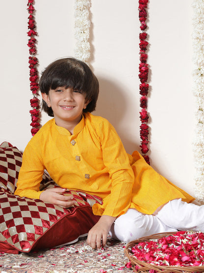 Vastramay Boy's Yellow Cotton Kurta and Pyjama Set
