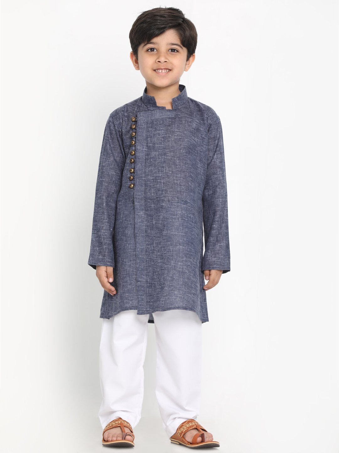 Vastramay Boys' Grey Cotton Blend Kurta and Pyjama Set