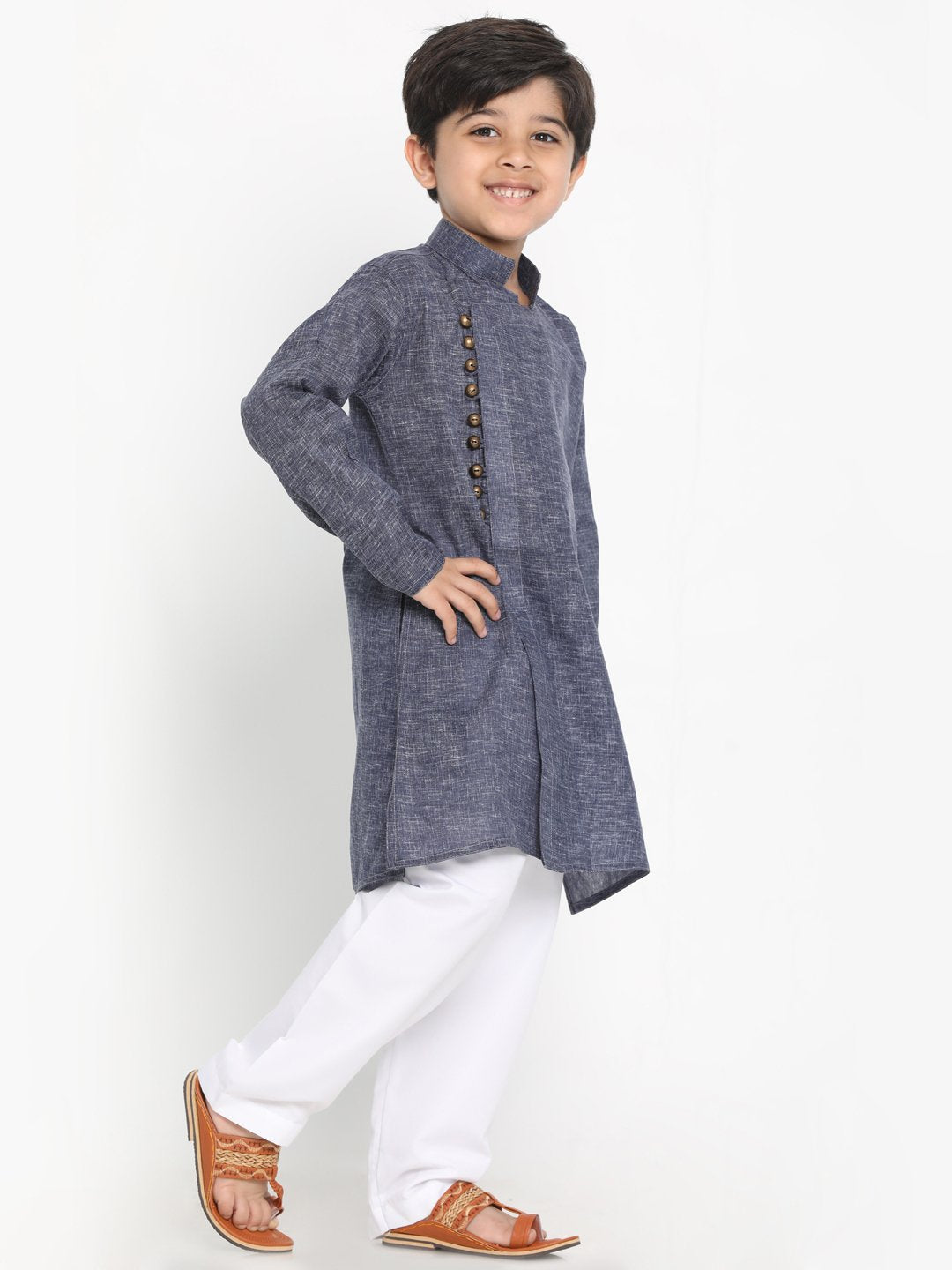 Vastramay Boys' Grey Cotton Blend Kurta and Pyjama Set