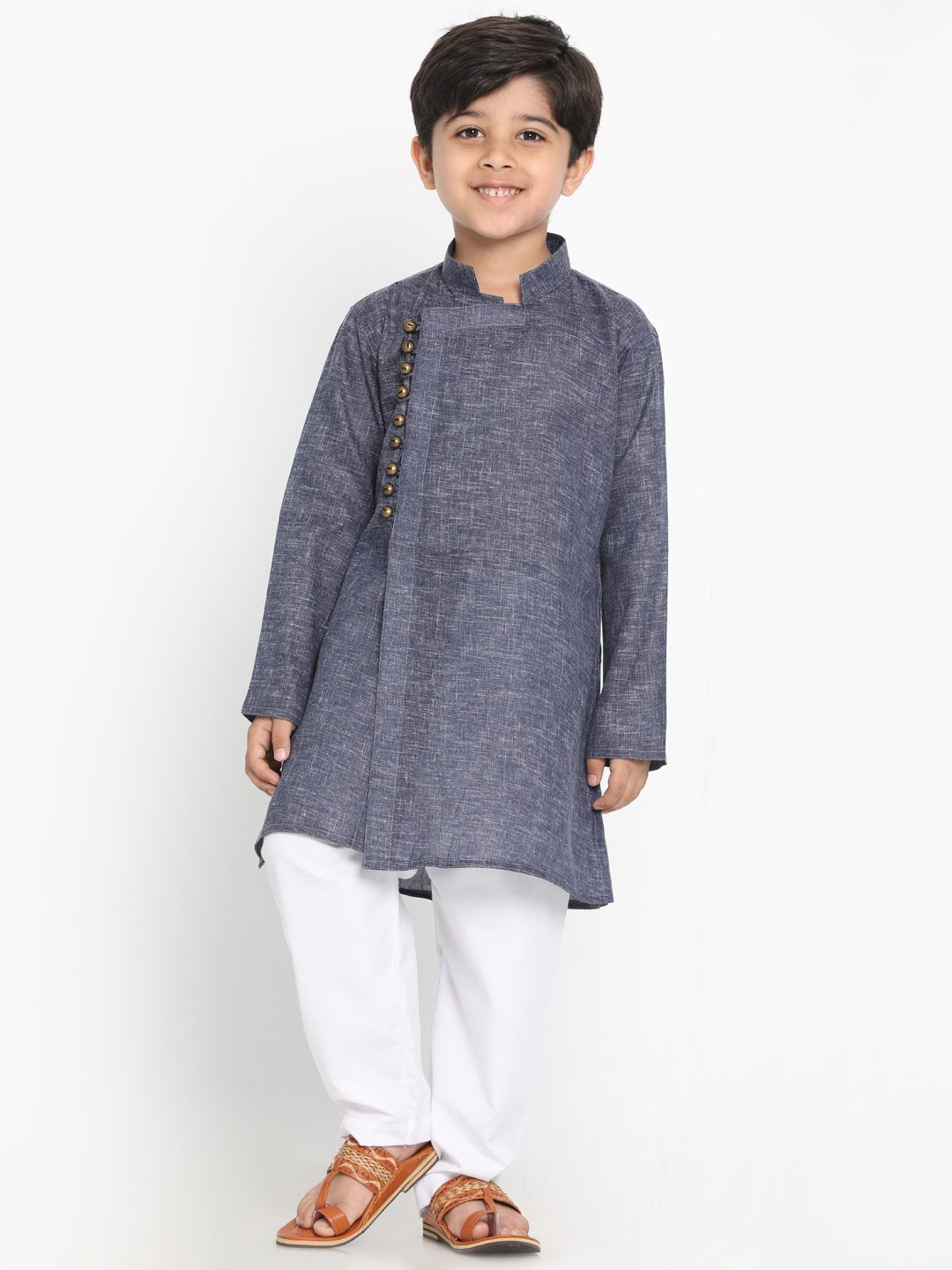 Vastramay Boys' Grey Cotton Blend Kurta and Pyjama Set