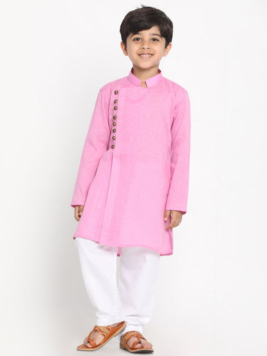 Vastramay Boys' Pink Cotton Blend Kurta and Pyjama Set