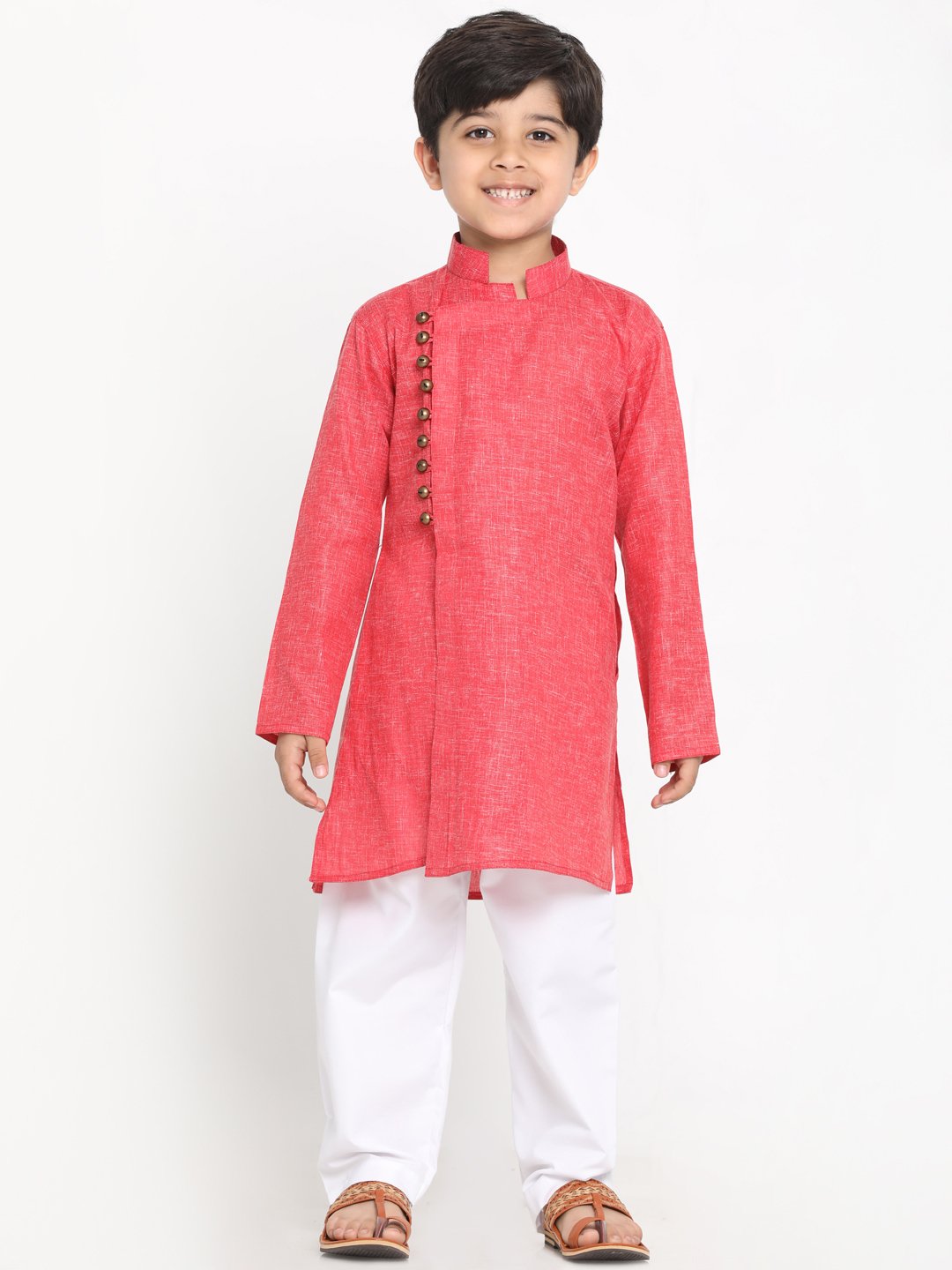 Vastramay Boys' Red Cotton Blend Kurta and Pyjama Set