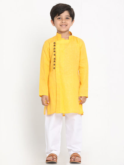 Vastramay Boys' Yellow Cotton Blend Kurta and Pyjama Set