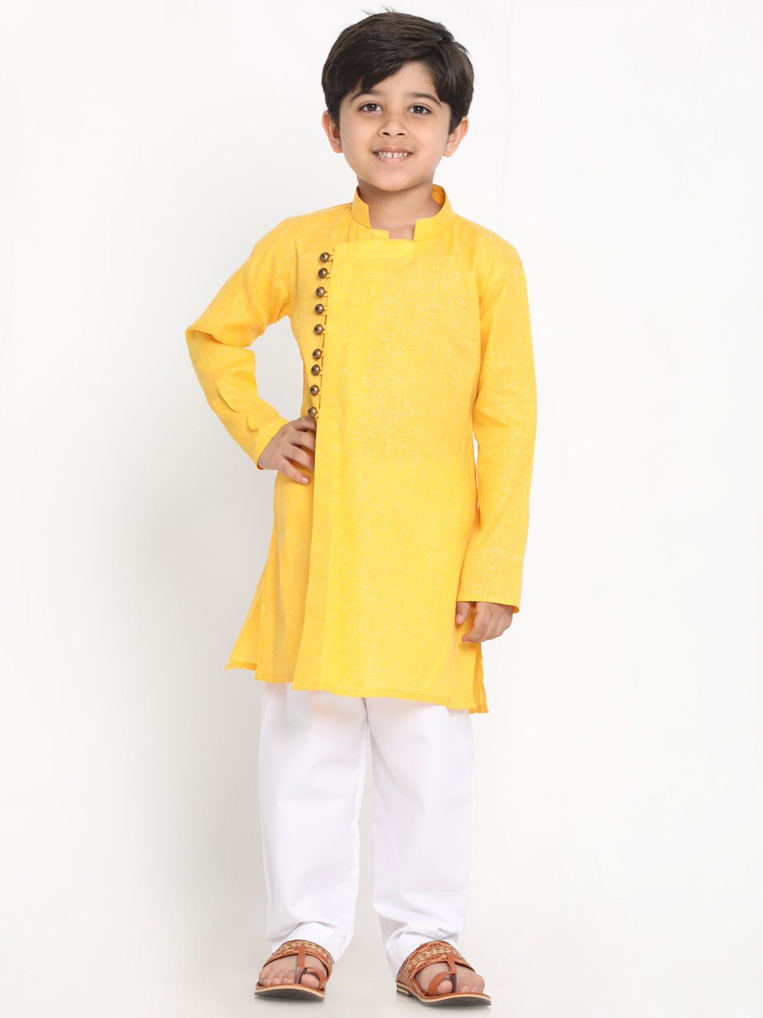 Vastramay Boys' Yellow Cotton Blend Kurta and Pyjama Set