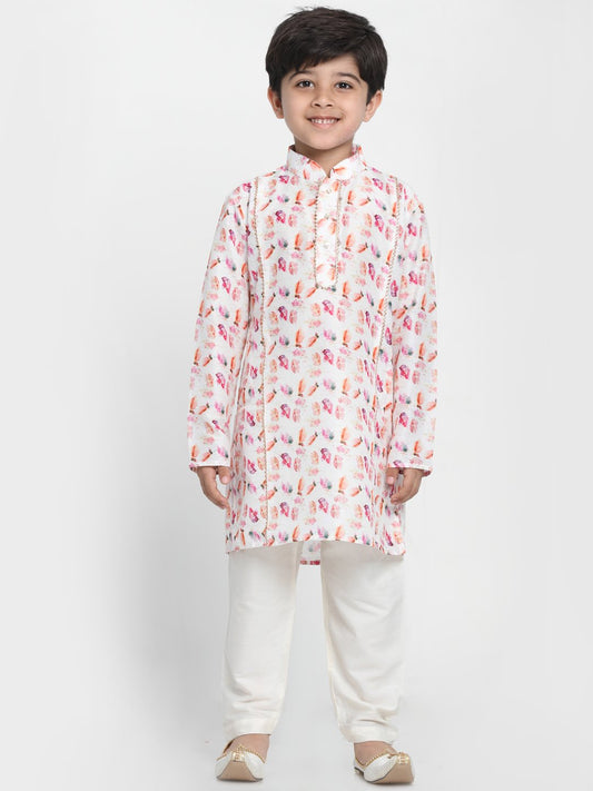 Vastramay Boy's  Multicolor-Base-White Cotton Blend Kurta and Pyjama Set