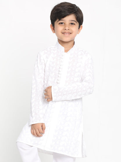 Vastramay White Pure Cotton Chikankari Kurta Baap Beta Set