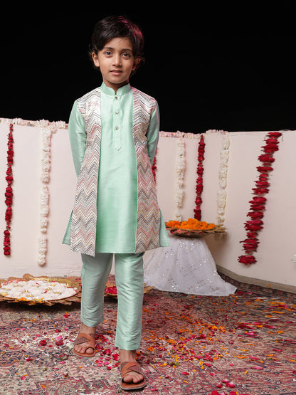 JBN CREATION Boys' Mint Green Flap Kurta Pyjama Set