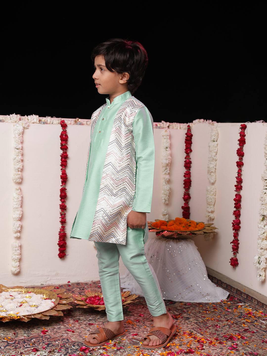 JBN CREATION Boys' Mint Green Flap Kurta Pyjama Set