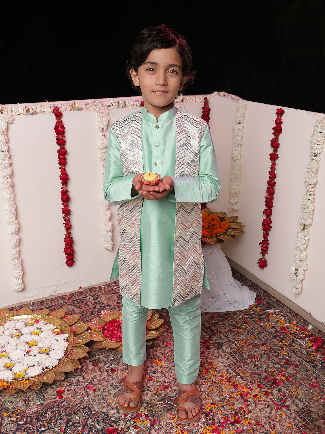 JBN CREATION Boys' Mint Green Flap Kurta Pyjama Set