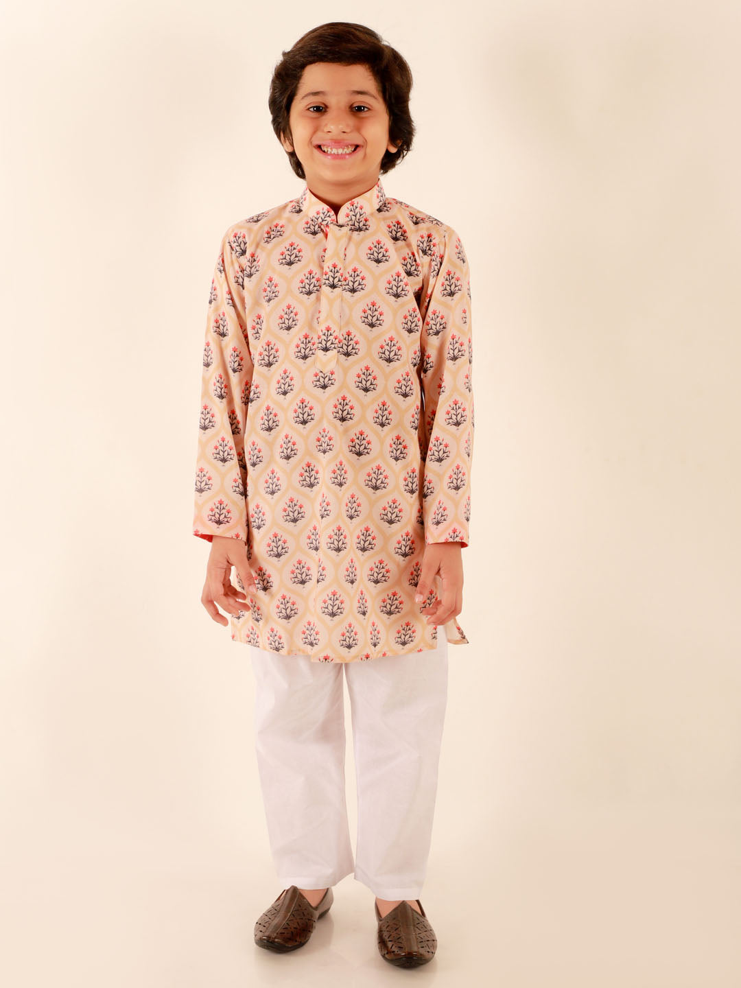 JBN CREATION Boys' Chiku Brown Floral Print Kurta And White Pyjama Set