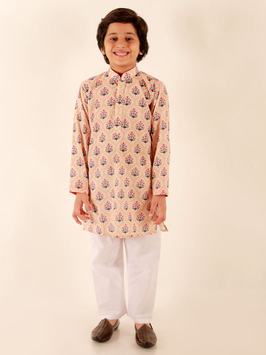 JBN CREATION Boys' Chiku Brown Floral Print Kurta And White Pyjama Set