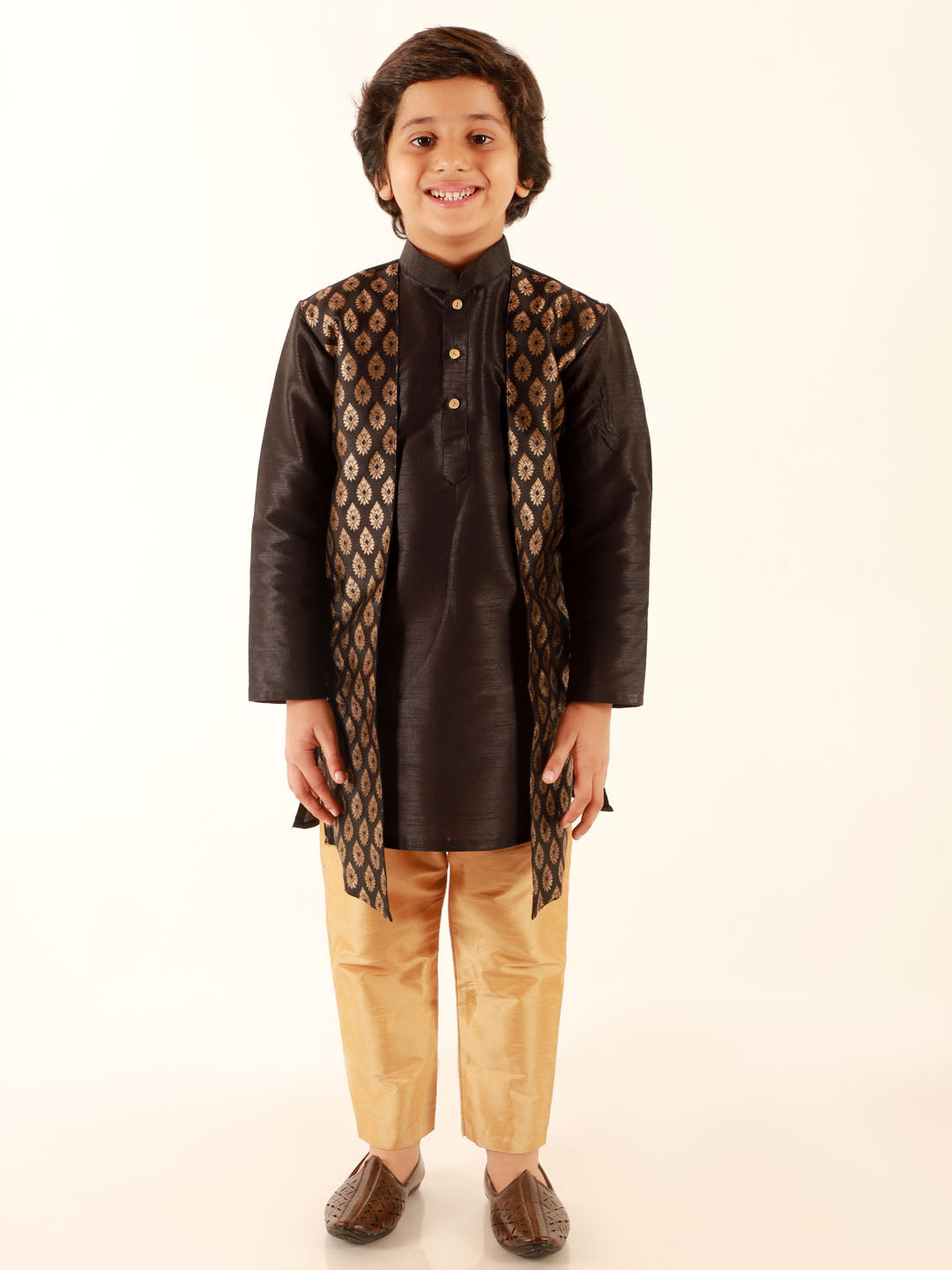 JBN CREATION Boys' Black Jacket Style Kurta And Rose Gold Pyjama Set