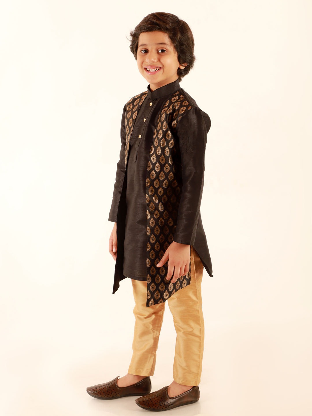 JBN CREATION Boys' Black Jacket Style Kurta And Rose Gold Pyjama Set