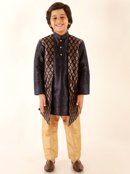 JBN CREATION Boys' Navy Blue Jacket Style Kurta And Rose Gold Pyjama Set