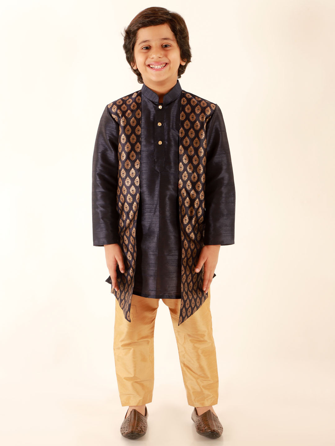 JBN CREATION Boys' Navy Blue Jacket Style Kurta And Rose Gold Pyjama Set