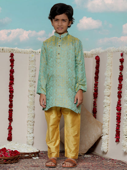 JBN CREATION Boys' Mustard And Green Jacquard Kurta Pyjama Set