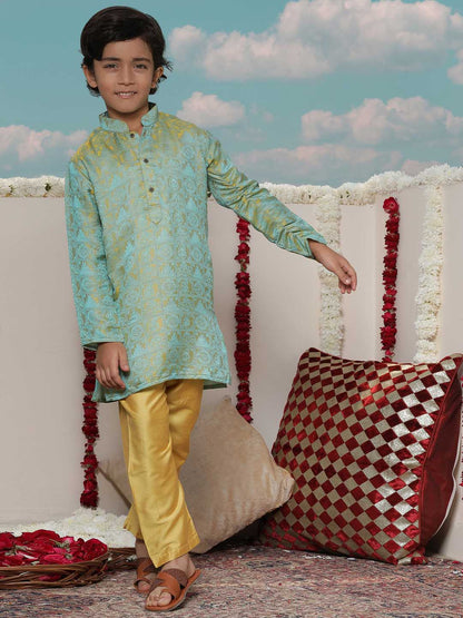 JBN CREATION Boys' Mustard And Green Jacquard Kurta Pyjama Set