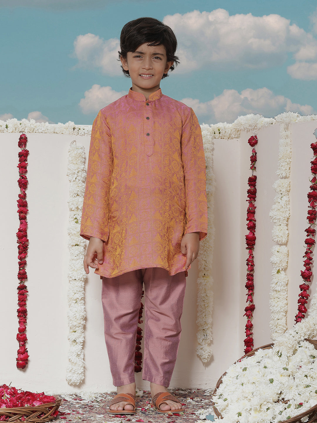 JBN CREATION Boys' Pink Jacquard Kurta Pyjama Set